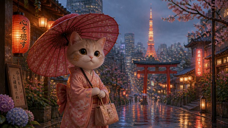 Cute cat in a pink kimono holding a parasol on a rainy Japanese street with a torii gate and Tokyo Tower in the background.