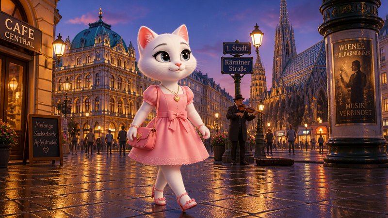 Cute white cat in a pink dress walking on a wet cobblestone street in a European city square at dusk.