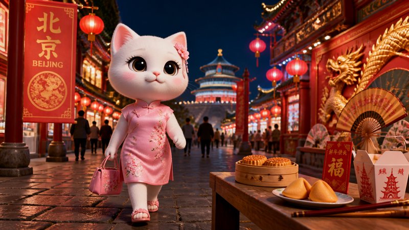 Cute white cat plush in a pink cheongsam walking through a festive Beijing night market with red lanterns.