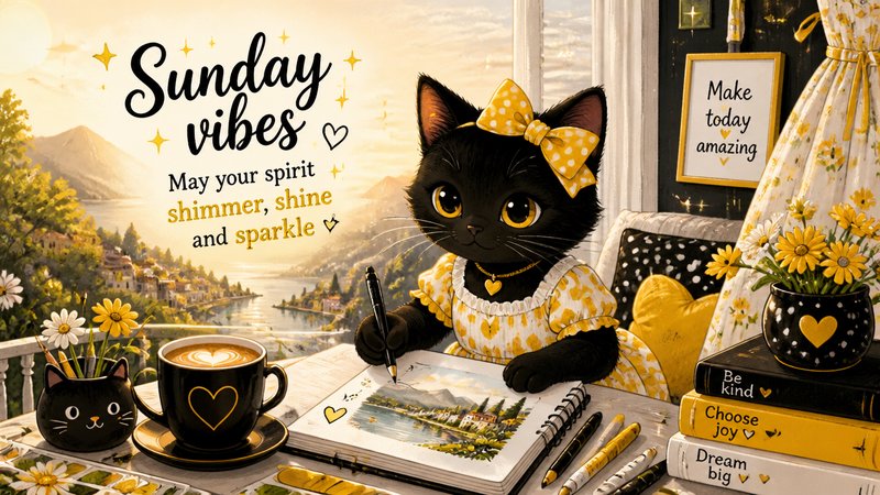 Black cat with a yellow bow painting a landscape at a cozy desk with yellow accents