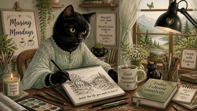 Black cat artist drawing in a sketchbook at a cozy desk with paints and plants.