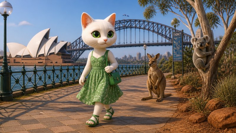 Animated white cat in a green dress walks along Sydney waterfront with Opera House and Harbour Bridge in view.