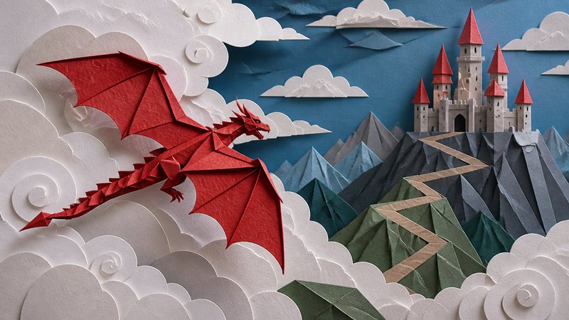 Red origami dragon soaring above white clouds toward a paper castle on jagged mountains.