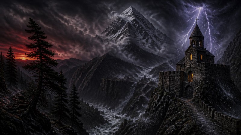 Gothic stone chapel on a rocky cliff amid stormy mountains with lightning in a dark, moody landscape.