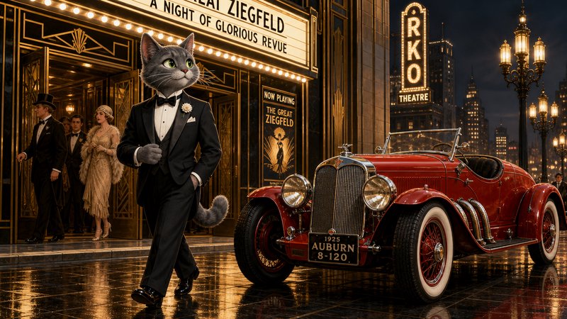 Anthropomorphic cat in a tuxedo strolling beside a vintage red convertible in front of a 1920s theater marquee.