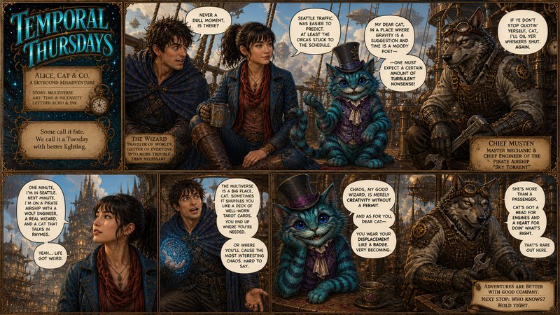 Comic panel from Temporal Thursdays: two humans and anthropomorphic cat and wolf in a steampunk tavern setting.
