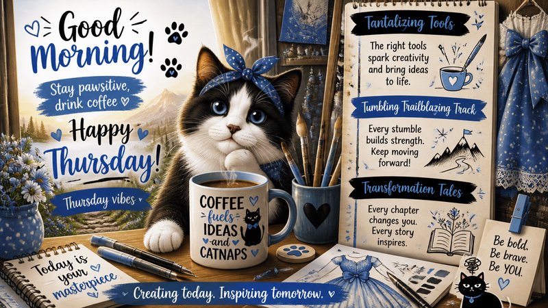 A cute cat with a blue bow sits at a desk surrounded by coffee mug, notebooks, and blue-themed inspirational lettering.