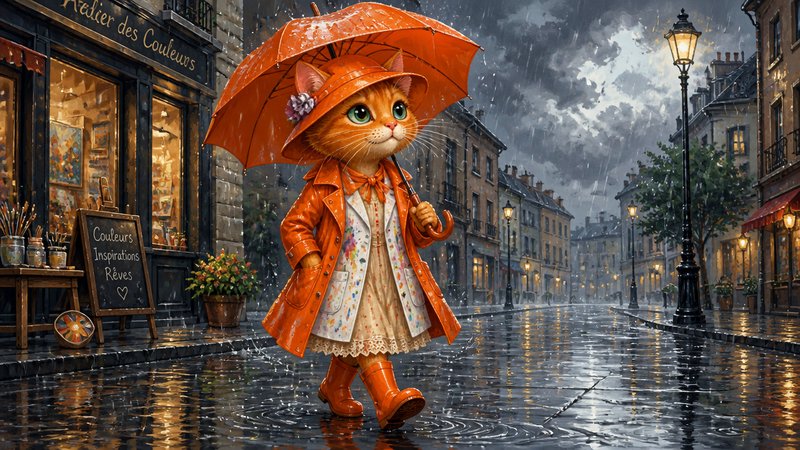 Cute orange cat in a raincoat holding an umbrella on a rainy city street at night.