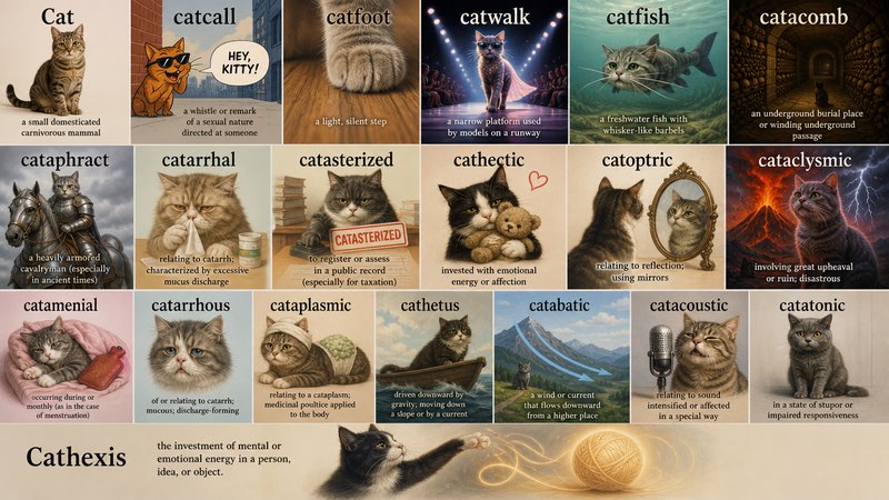 Collage of cat-themed word cards with images and playful captions (e.g., catwalk, catfish, catacomb, cathexis).
