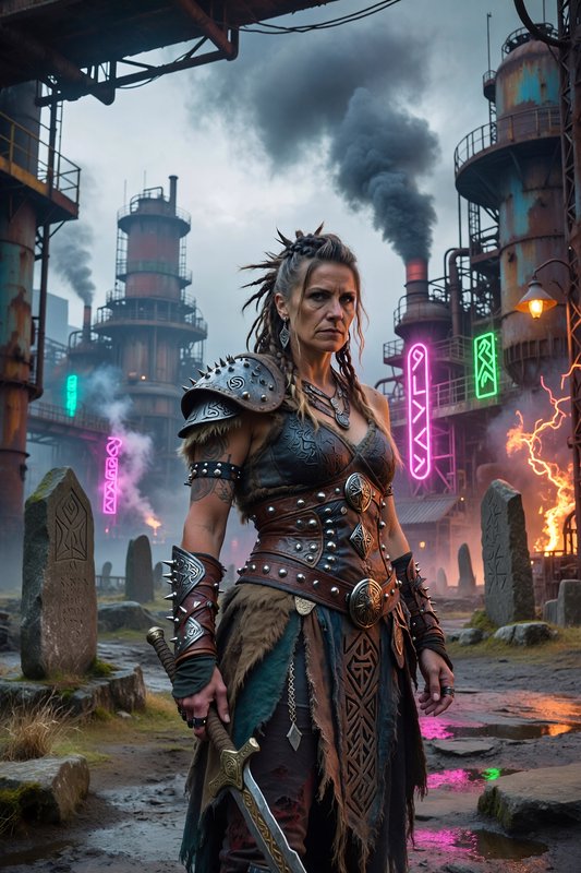 Armored female warrior with sword in a neon-lit industrial wasteland.