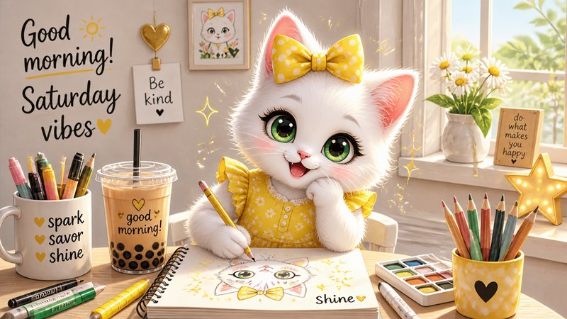 Cute white kitten with a yellow bow drawing at a sunny desk surrounded by art supplies.