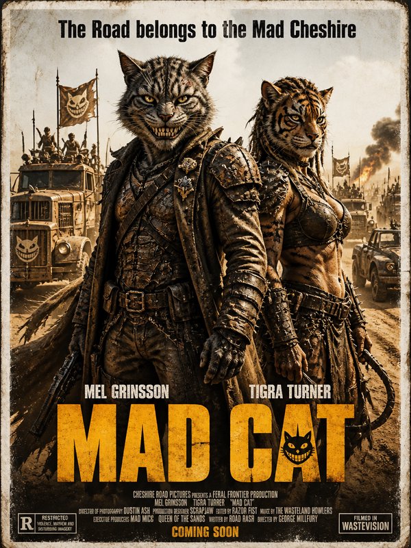 Post-apocalyptic duo of armored anthropomorphic cats leading a dusty convoy on a muddy road.
