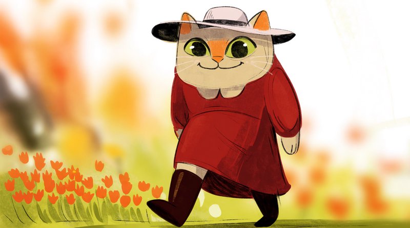 Cartoon cat in a red coat and hat walking through a sunny tulip field