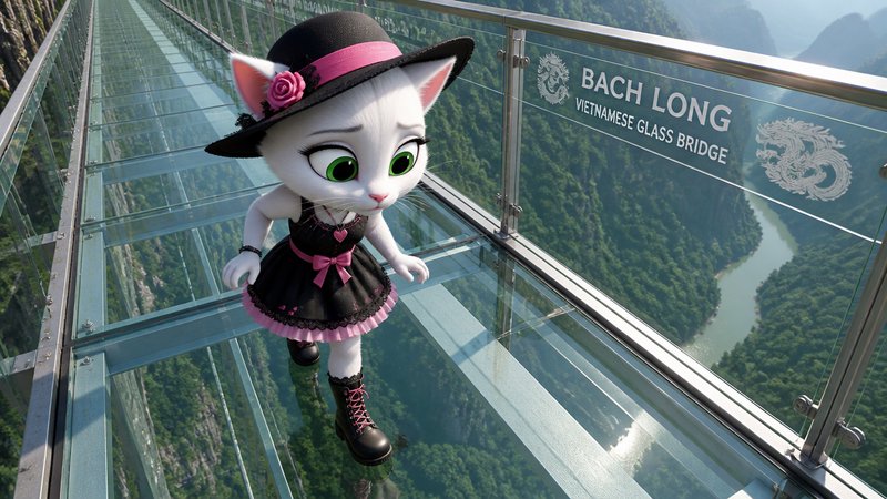 Cartoons white cat in a pink-black dress and hat on a glass bridge over a green valley.