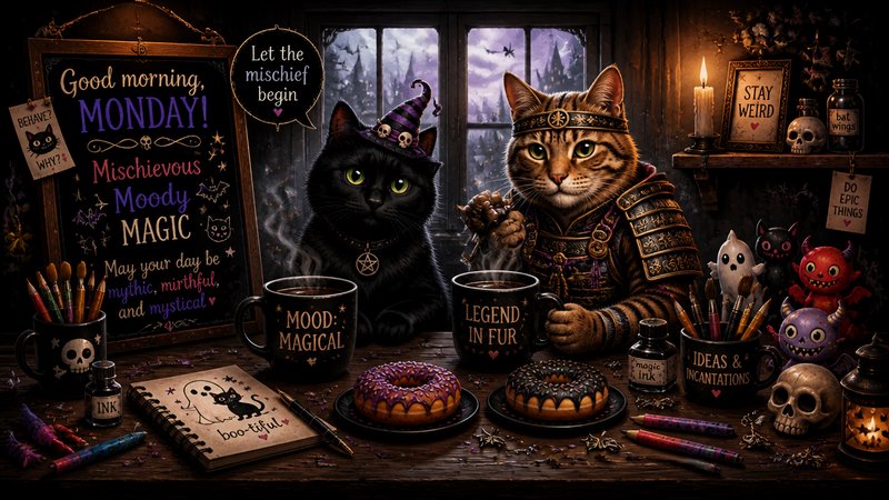 Two anthropomorphic cats in wizard and armored outfits sit at a candlelit wooden table with donuts and magical supplies.