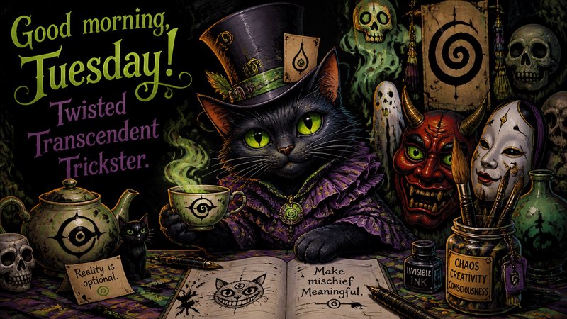 Whimsical black cat in a top hat at a spooky, magical desk surrounded by skulls and occult items.