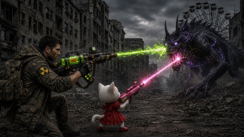 Post-apocalyptic battle scene with a man firing a neon-green laser and a white cat heroine shooting a pink laser at a