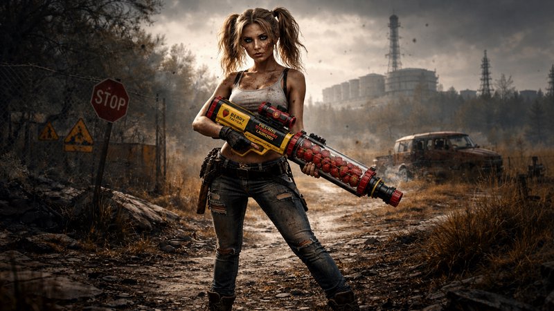 Rugged woman in torn jeans wields a large sci-fi gun in a desolate post-apocalyptic landscape.