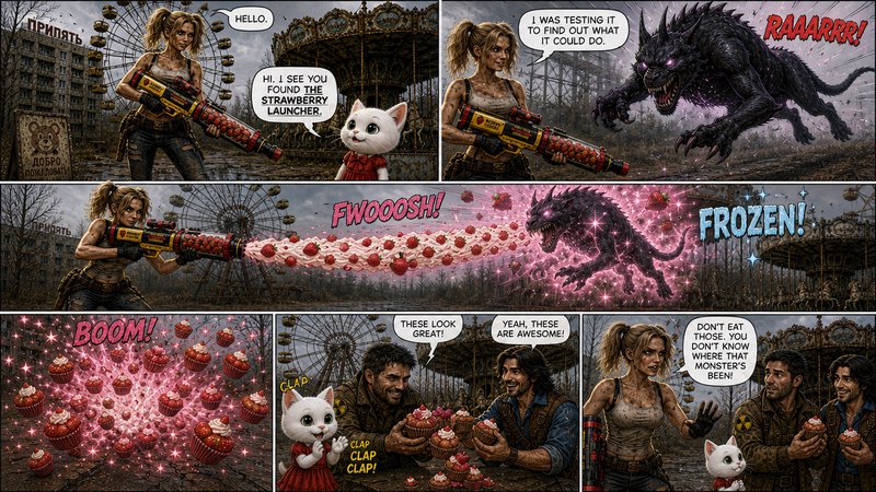 Comic panel with a female fighter, a white cat, and a monstrous dog amid exploding cupcakes in a post-apocalyptic