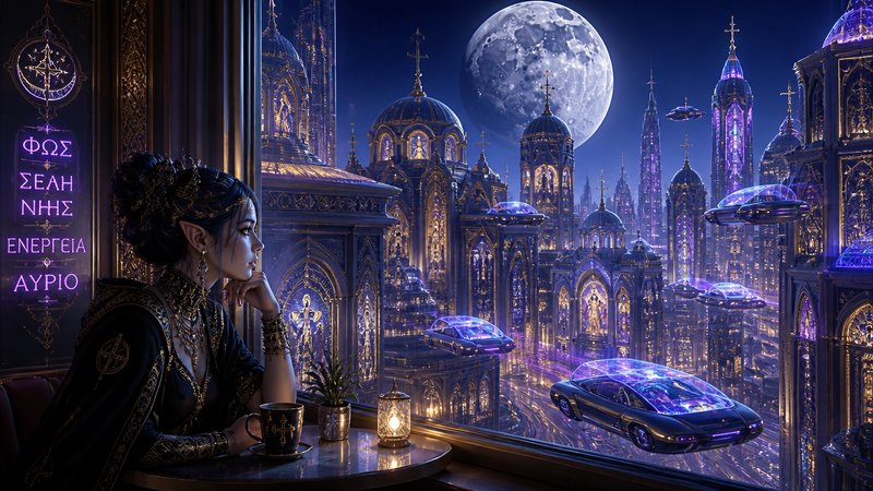 Woman in ornate attire sits at a window overlooking a neon-lit futuristic city with flying cars and gilded domes under a