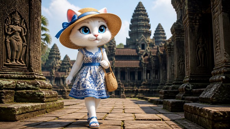 Cute white cat character in a blue and white dress walking through ancient temple ruins.