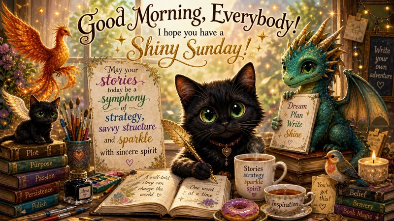 Whimsical desk scene with a black cat, a friendly dragon, books, and morning decorations.