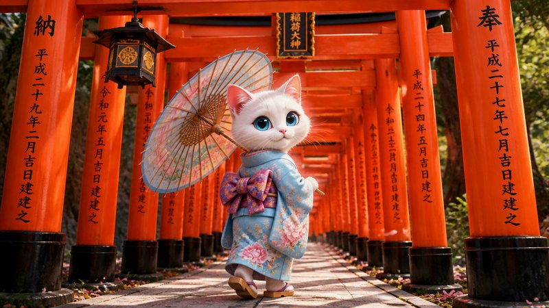 Cute kitten in a blue floral kimono with parasol among orange torii gates.