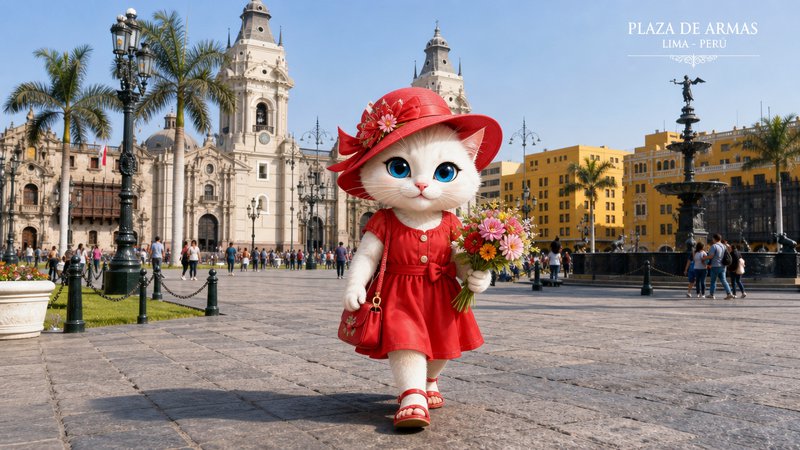 A white cat mascot in a red dress and hat walks across Plaza de Armas, Lima, with historic cathedral and colorful