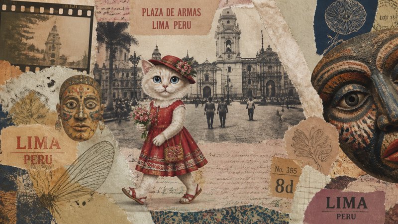 Cute cat in a red dress collage with Lima Peru landmarks, masks, and vintage postcard elements.