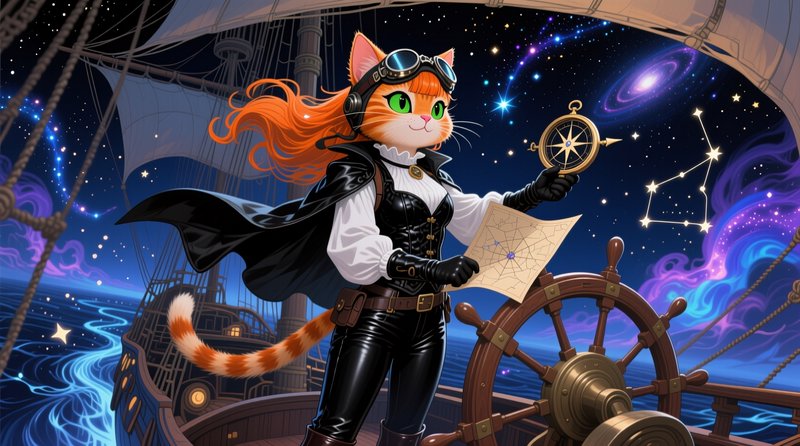 Anthropomorphic orange cat in steampunk pilot outfit standing on a ship deck, studying a star map.