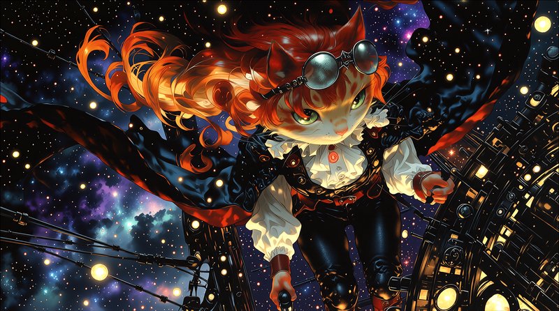Dynamic anime girl with orange hair and goggles soaring above a neon space city.
