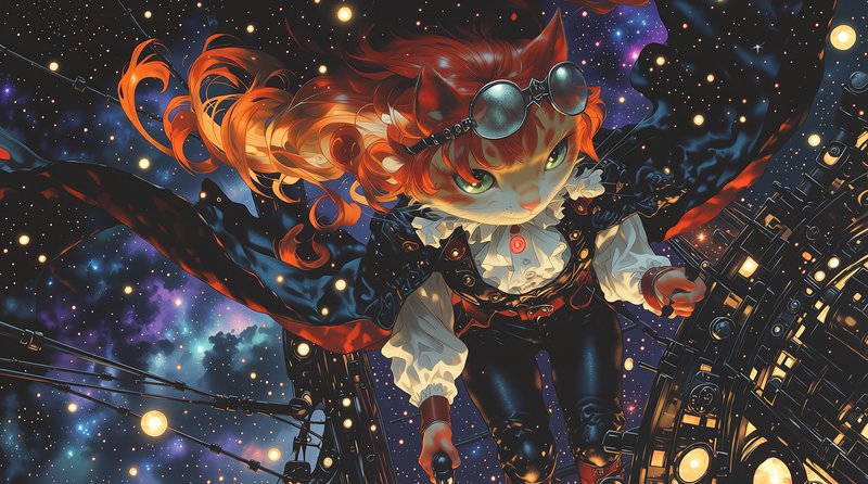 Anime-style girl with goggles soars between a neon-lit city and space backdrop.