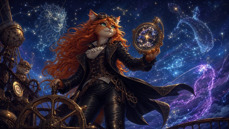 Steampunk feline captain in a leather coat, holding a glowing compass against a starry cosmic backdrop.