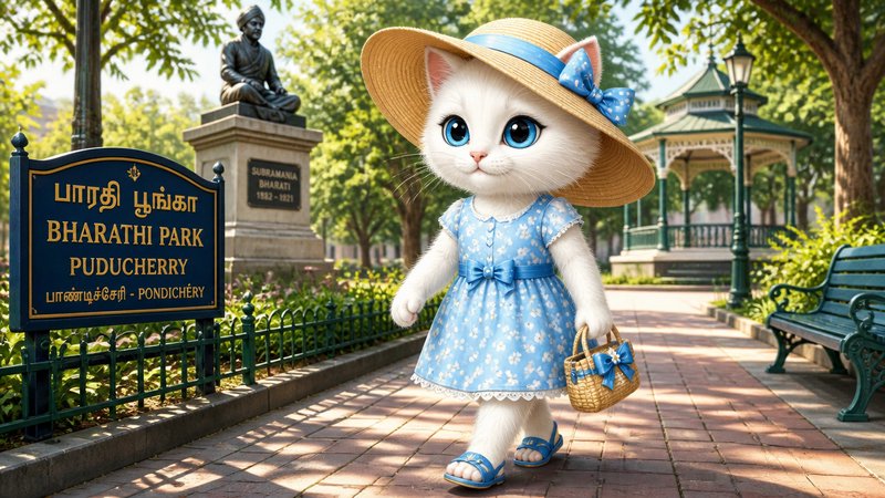 Cute white kitten in a blue dress and sunhat walking in a park beside the Bharathi Park Puducherry sign