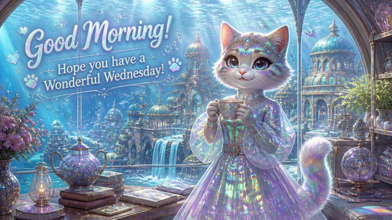 Iridescent cat in a jeweled gown holding a teacup with a magical city backdrop