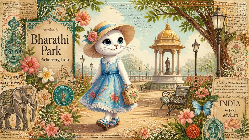 A cute white cat in a blue dress and sun hat walks through a colorful vintage collage of Bharathi Park, Puducherry, India,...