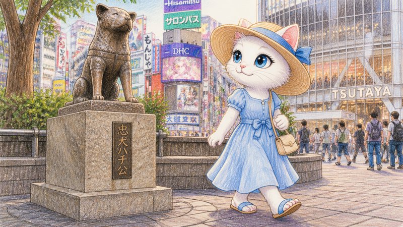 Cute white cat in a blue dress and straw hat walking past a statue in a busy Tokyo-style city plaza.