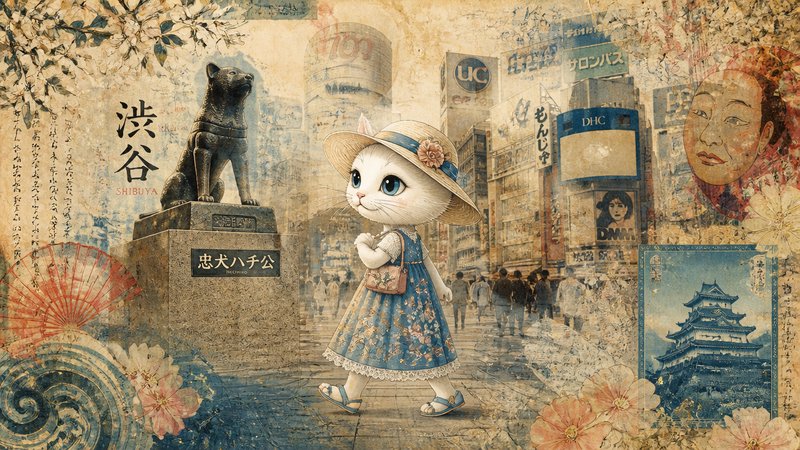 Cute cat in a blue dress and straw hat walks past a Hachiko statue in a vintage Japanese city collage.