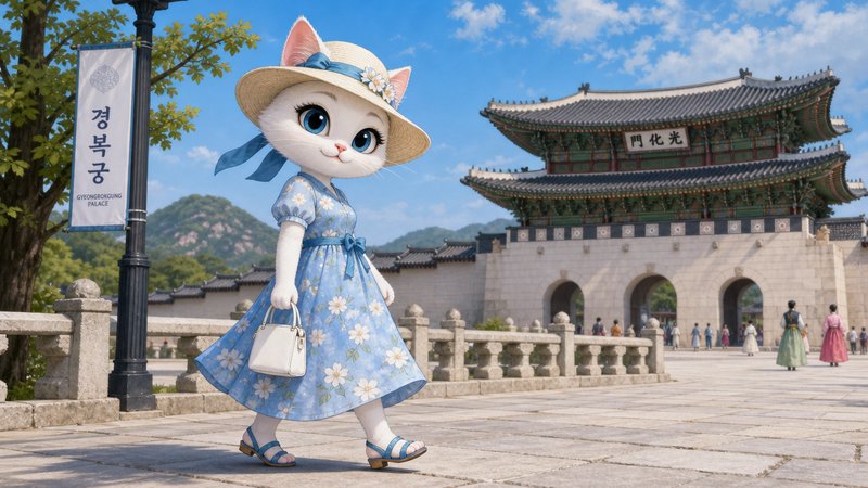 Cartoon cat mascot in a blue floral dress and sun hat strolling near Gyeongbokgung Palace gate, Korea.
