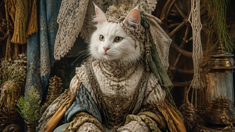 White cat in ornate vintage costume with lace and headdress in a rustic, antique setting.