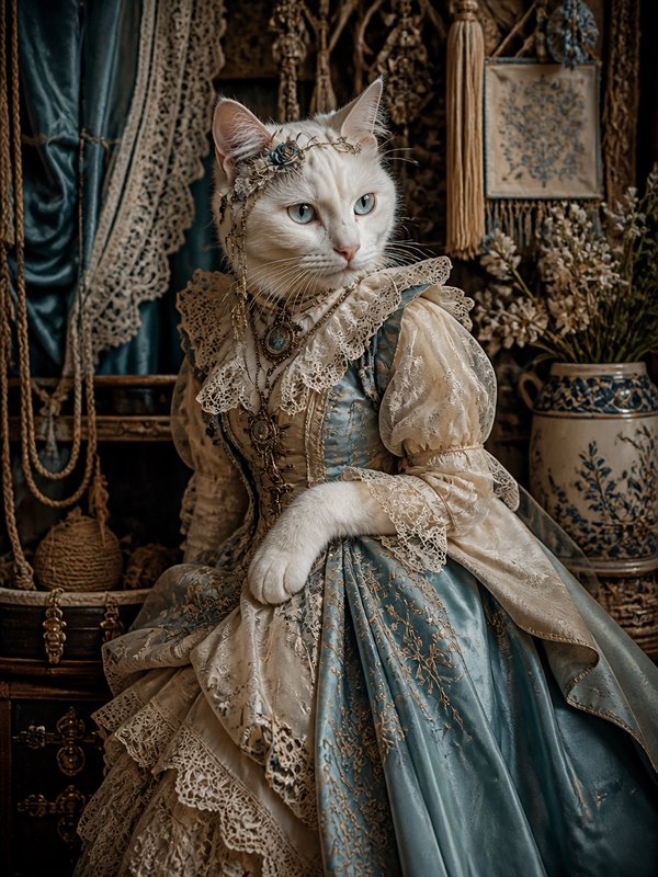 Elegantly dressed white cat in a blue and cream Victorian lace gown.