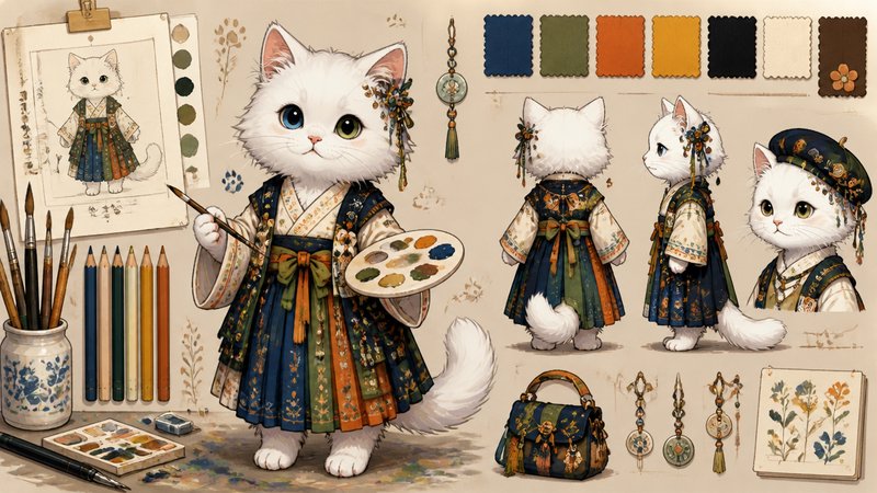 Illustration of a white cat in a colorful traditional dress with a painting palette and art tools.