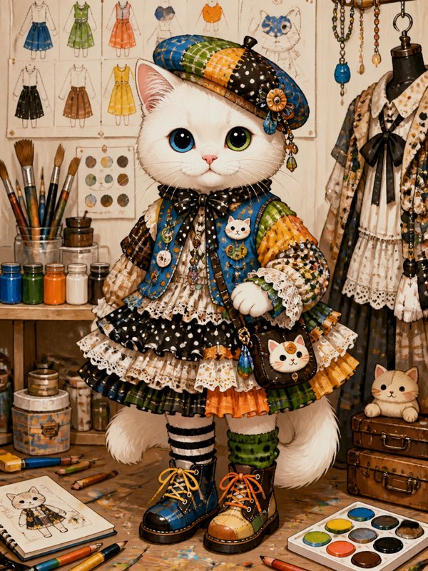 Cute white cat in a patchwork lolita-style dress with beret and boots in an art studio.