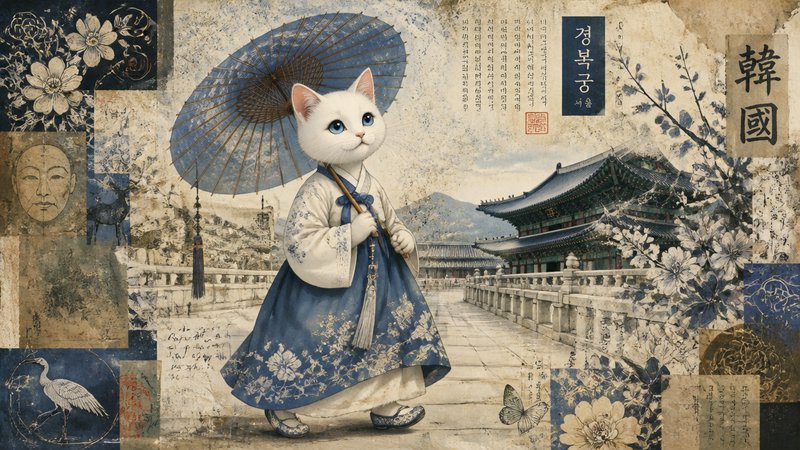 White cat in a blue hanbok holding a parasol in a traditional Korean-inspired collage.