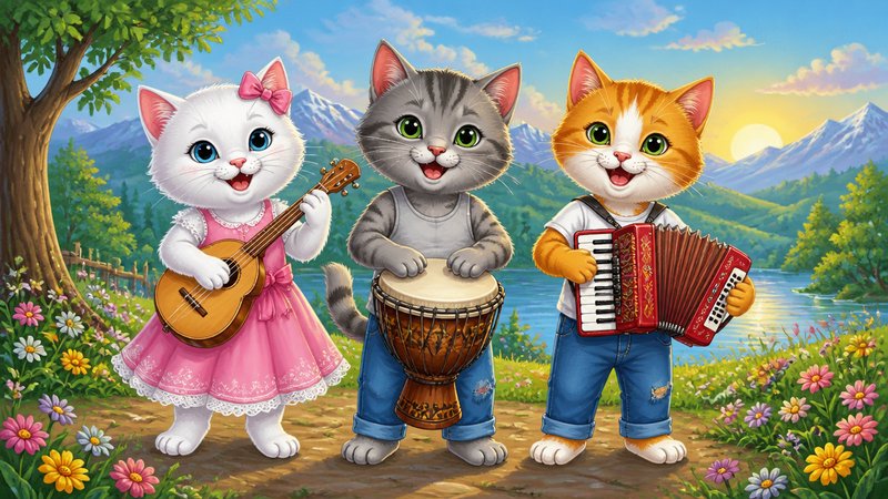 Three cartoon kittens playing musical instruments in a sunny mountain meadow.
