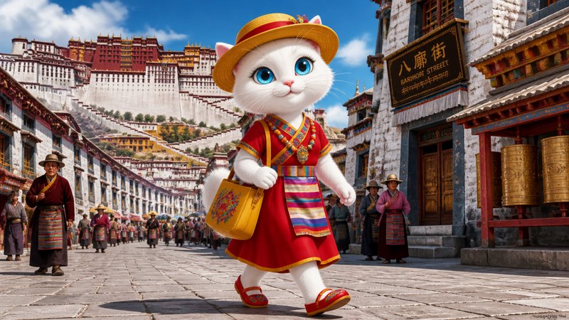 Cute white cat mascot in colorful Tibetan dress walking on a historic stone street with Potala Palace in the background.