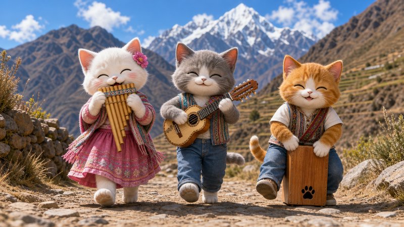 Three cheerful kittens playing folk music outdoors in a sunny mountain landscape.