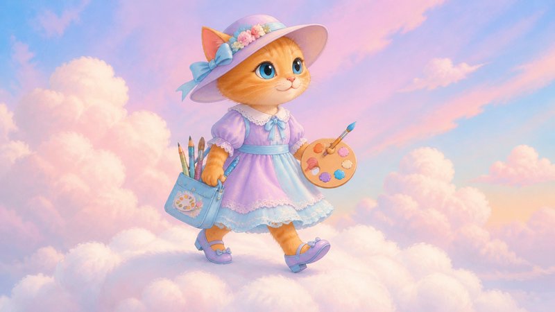 Pastel-clad kitten artist walking on clouds with palette and brushes.