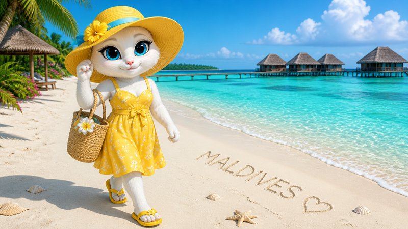 Cute white bunny in yellow dress and straw hat on a Maldives beach