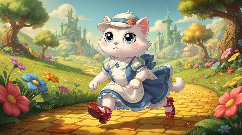 Anthropomorphic white cat in a blue dress and ruby slippers runs down the Wizard of Oz yellow brick road toward the